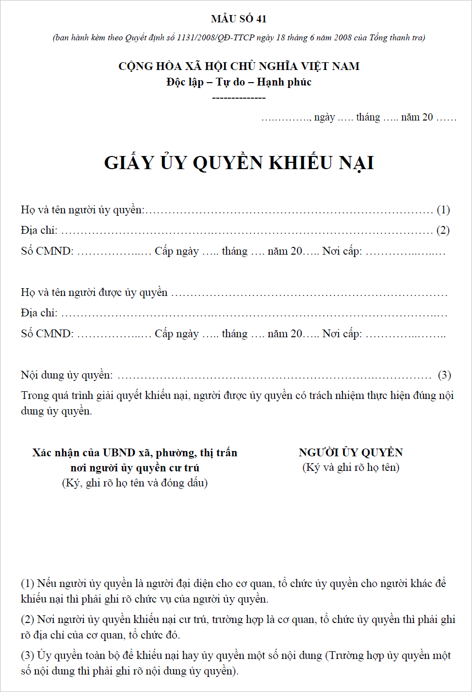 Giấy ủy quyền khiếu nại (Mẫu số 41 – QĐ 1131/2008).