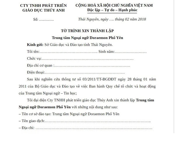Tờ trình xin thành lập trung tâm ngoại ngữ.